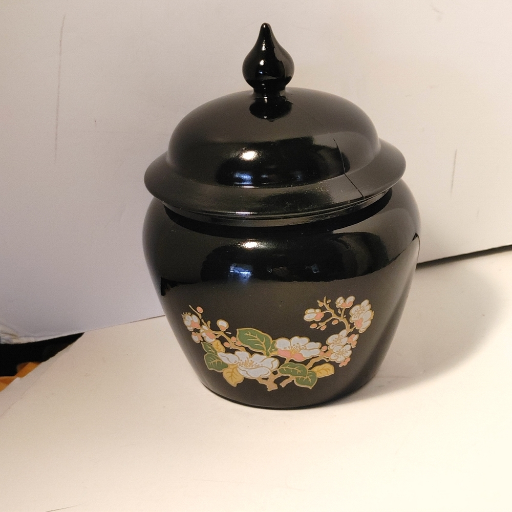 Avon Black Jar with Lid Floral Design on Front Possible 1970's